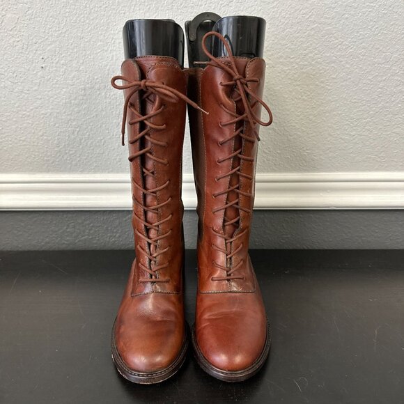 Vtg Y2k Cole Haan Country Lace-up Mid-calf Boots Red Brown Leather Size 6.5 - Picture 2 of 8